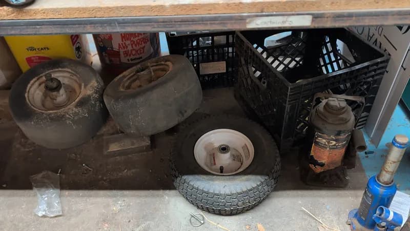 Lawn Mower Wheels, Tires, Floor Jacks & Straps Lot, primary view