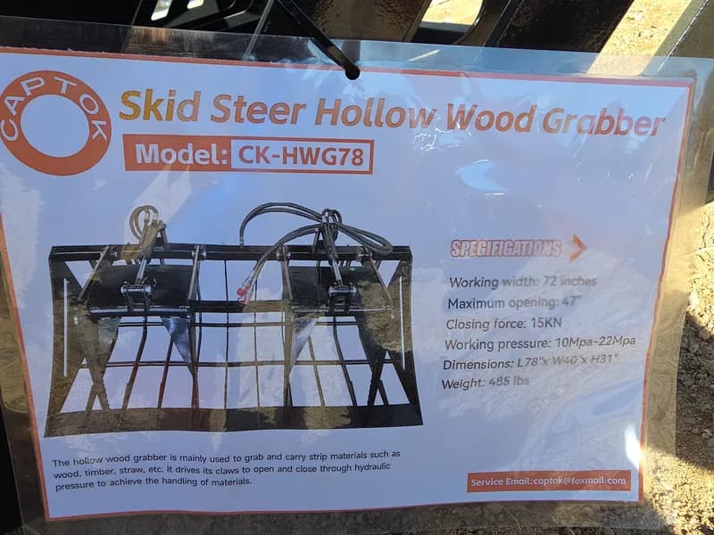 Skid Steer Hollow Wood Grabber CK-HWG72, side view