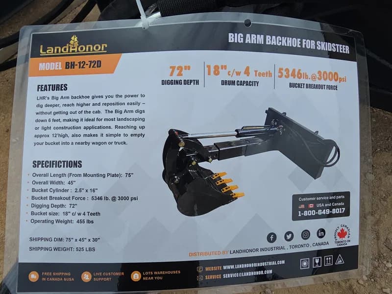 LandHonor BH-12-72D Big Arm Backhoe for Skid Steer, rear view