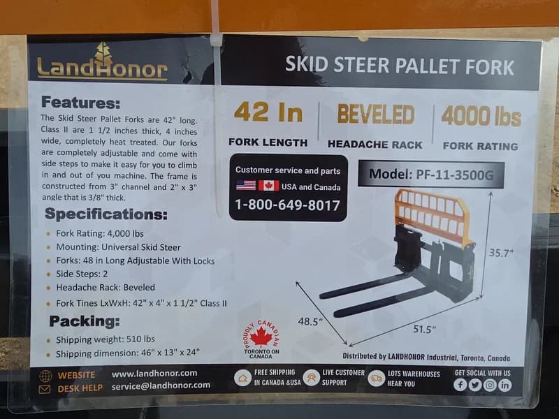 LandHonor 42-inch Skid Steer Pallet Fork with Beveled Headache Rack, side view