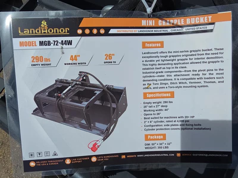 LandHonor Mini Skid Steer Grapple Bucket MGB-72-44W, side view