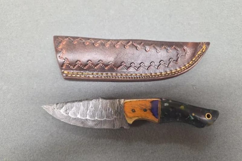 Damascus Steel Fixed Blade Knife w/ Leather Sheath, side view