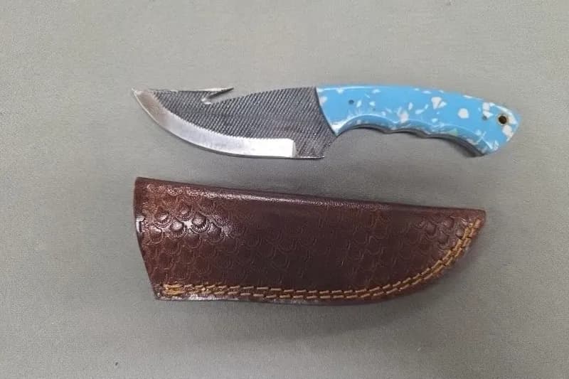 Fixed Blade Hunting Knife w/ Blue Handle & Leather Sheath, side view