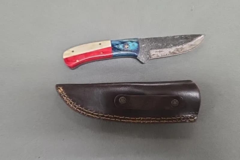 Fixed Blade Hunting Knife w/ Damascus Steel & Leather Sheath, rear view