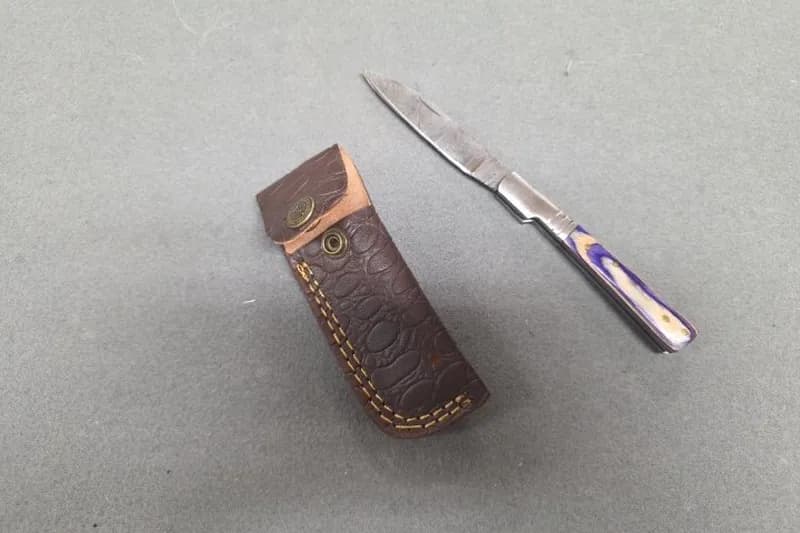 Fixed Blade Knife w/ Leather Sheath & Purple Handle, side view