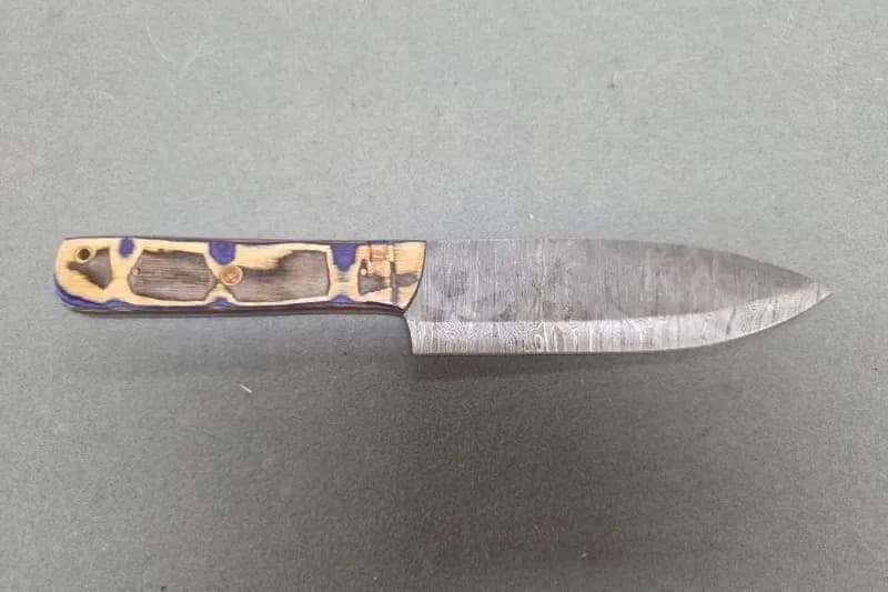 Damascus Steel Chef's Knife Set w/ Purple & Cream Handle, rear view