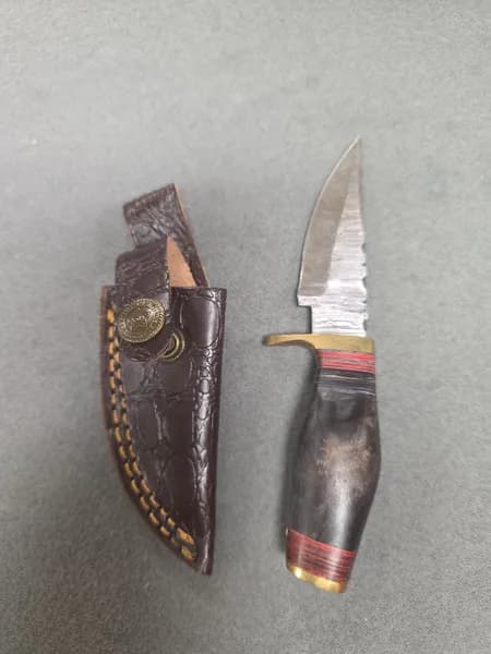 Fixed Blade Knife w/ Patterned Blade, Brass Guard, Wood Handle & Leather Sheath, side view