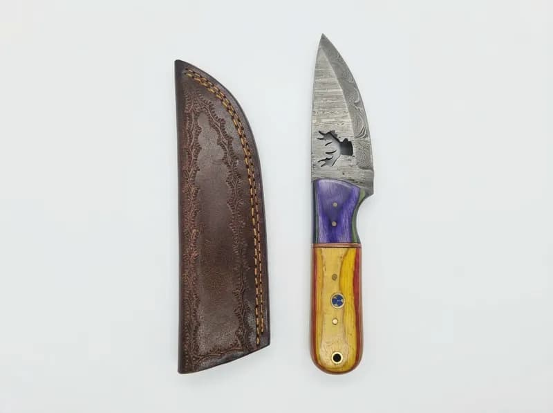 Fixed Blade Knife w/ Patterned Steel Blade, Deer Cutout, Multicolor Handle & Sheath, primary view
