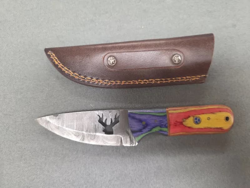 Fixed Blade Knife w/ Patterned Steel Blade, Deer Cutout, Multicolor Handle & Sheath, rear view