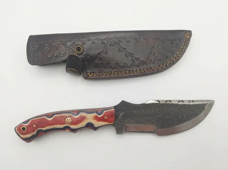 Fixed Blade Tracker Style Knife w/ Multicolor Laminated Handle & Leather Sheath, primary view
