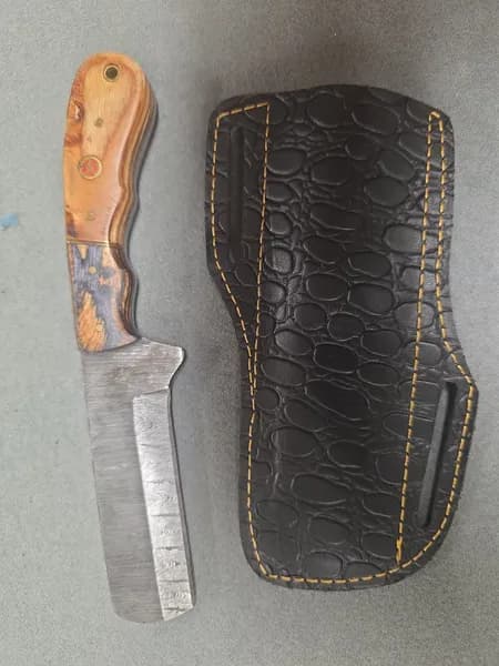 Damascus-Style Fixed Blade Cleaver Knife w/ Wood Handle & Leather Sheath, side view