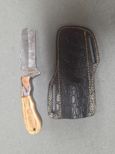 Damascus-Style Fixed Blade Cleaver Knife w/ Wood Handle & Leather Sheath, rear view