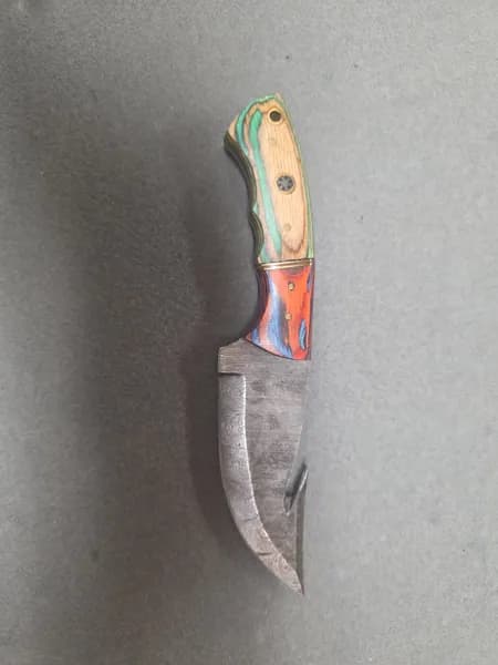 Fixed Blade Guthook Skinning Knife w/ Pattern-Welded Style Blade & Multicolor Wood Handle, side view