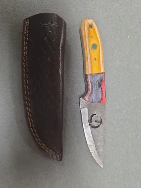 Fixed Blade Knife w/ Patterned Steel Blade, Wood Handle & Leather Sheath, side view