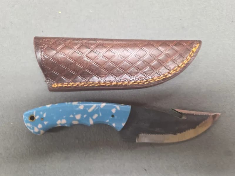 Fixed Blade Knife w/ Blue Terrazzo-Style Handle, Gut Hook & Leather Sheath, side view