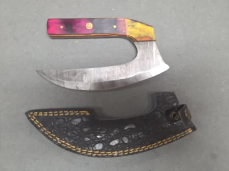 Damascus-Style Pattern Ulu Knife with Multicolor Handle and Leather Sheath, side view