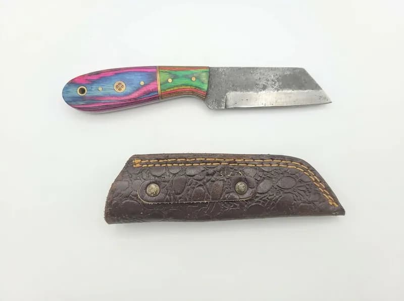 Fixed Blade Knife w/ Multicolor Laminated Wood Handle & Textured Leather Sheath, primary view