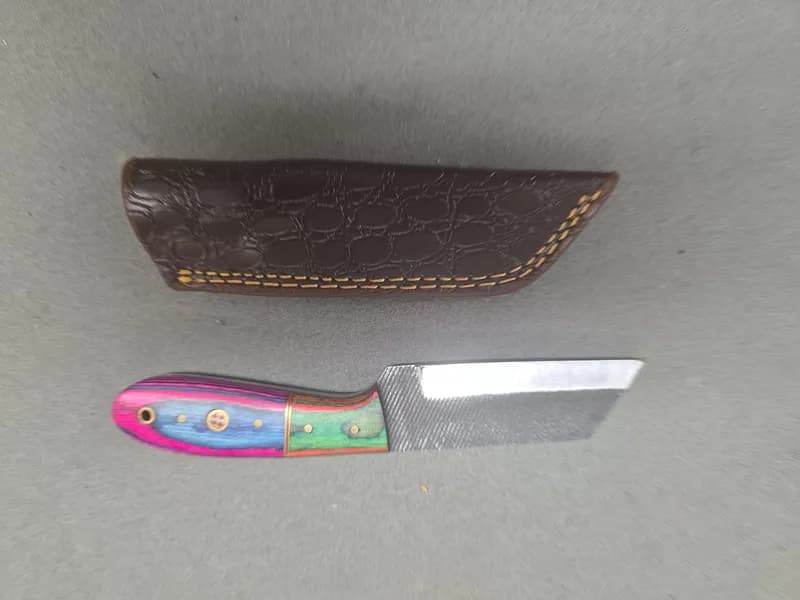 Fixed Blade Knife w/ Multicolor Laminated Wood Handle & Textured Leather Sheath, rear view