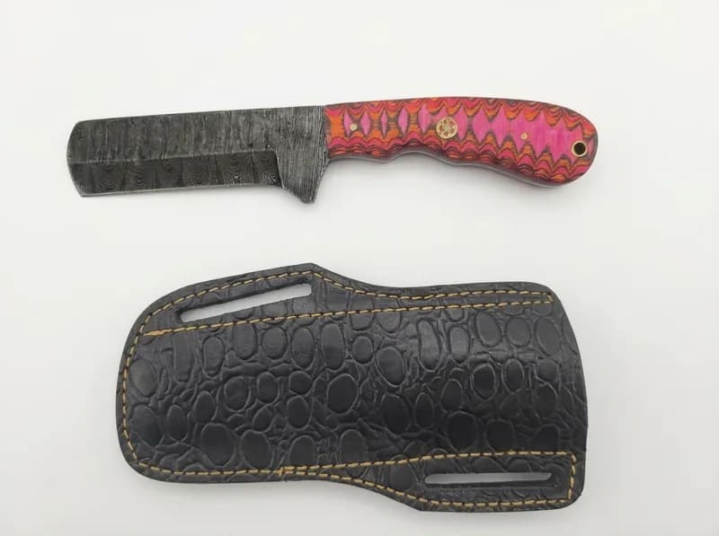 Damascus Pattern Fixed Blade Knife w/ Pink Laminate Handle & Leather Sheath, primary view
