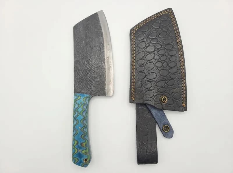 Hand Forged Style Cleaver Knife w/ Blue Green Handle and Embossed Leather Sheath, primary view