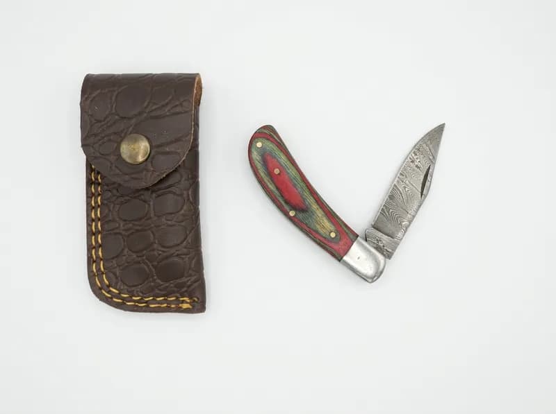 Folding Pocket Knife w/ Multicolor Laminated Wood Handle & Leather Sheath, primary view