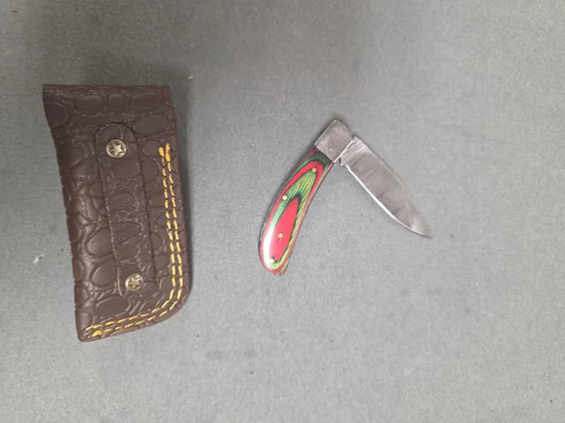 Folding Pocket Knife w/ Multicolor Laminated Wood Handle & Leather Sheath, rear view