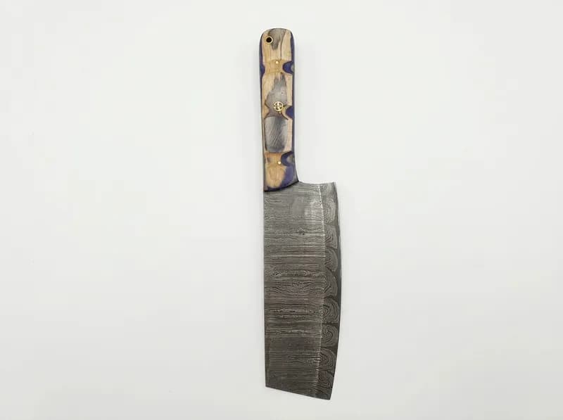 Damascus-Pattern Cleaver Style Knife with Multicolor Wood Handle, primary view