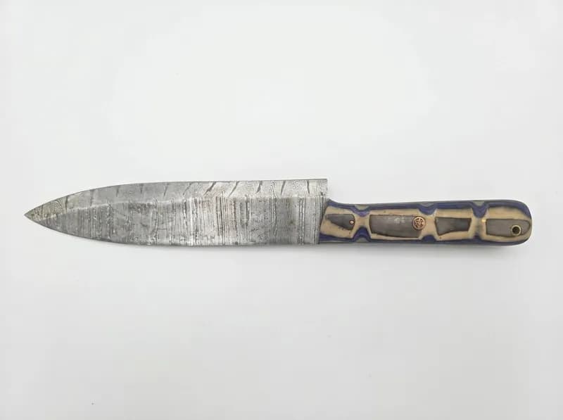 Fixed Blade Knife with Damascus-Style Patterned Blade and Blue Laminate Handle, primary view
