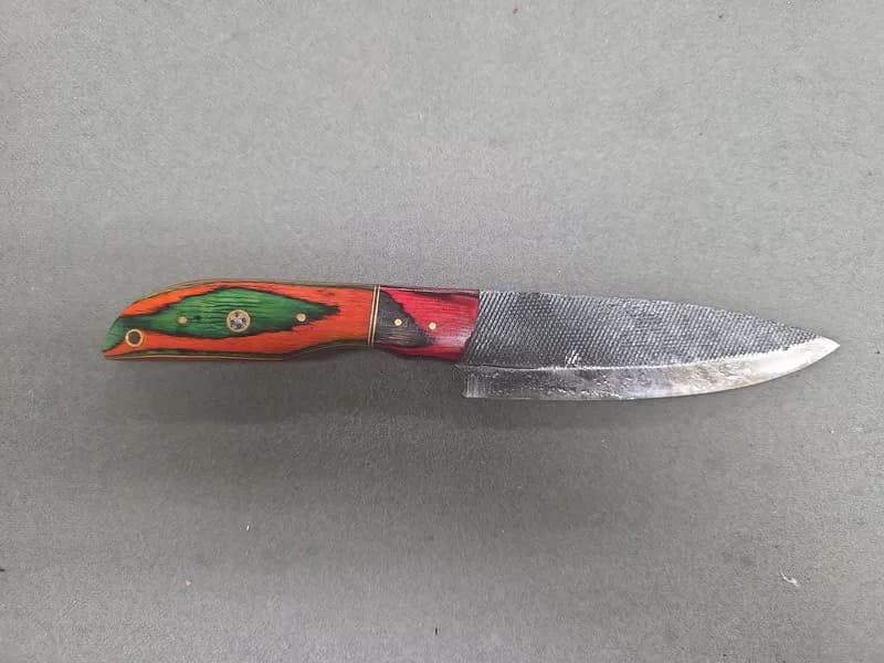 Handmade Fixed Blade Knife with Multicolor Laminated Wood Handle, rear view