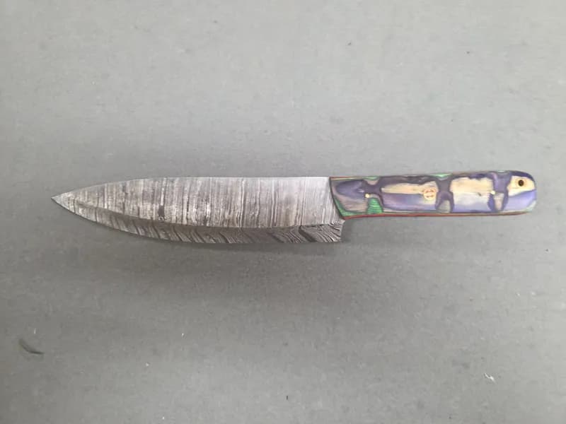 Damascus-Pattern Fixed Blade Chef Knife w/ Purple Green Laminated Handle, side view