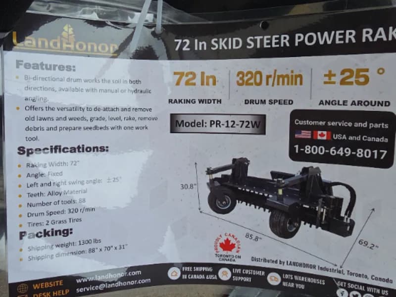 72-inch Industrial Power Rake Attachment PR-12-72W, side view
