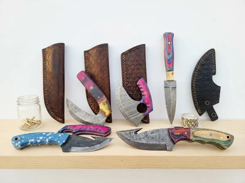 (56) Damascus Pattern Hunting & Folding Knives w/ Leather Sheaths | Free Shipping! auction cover image
