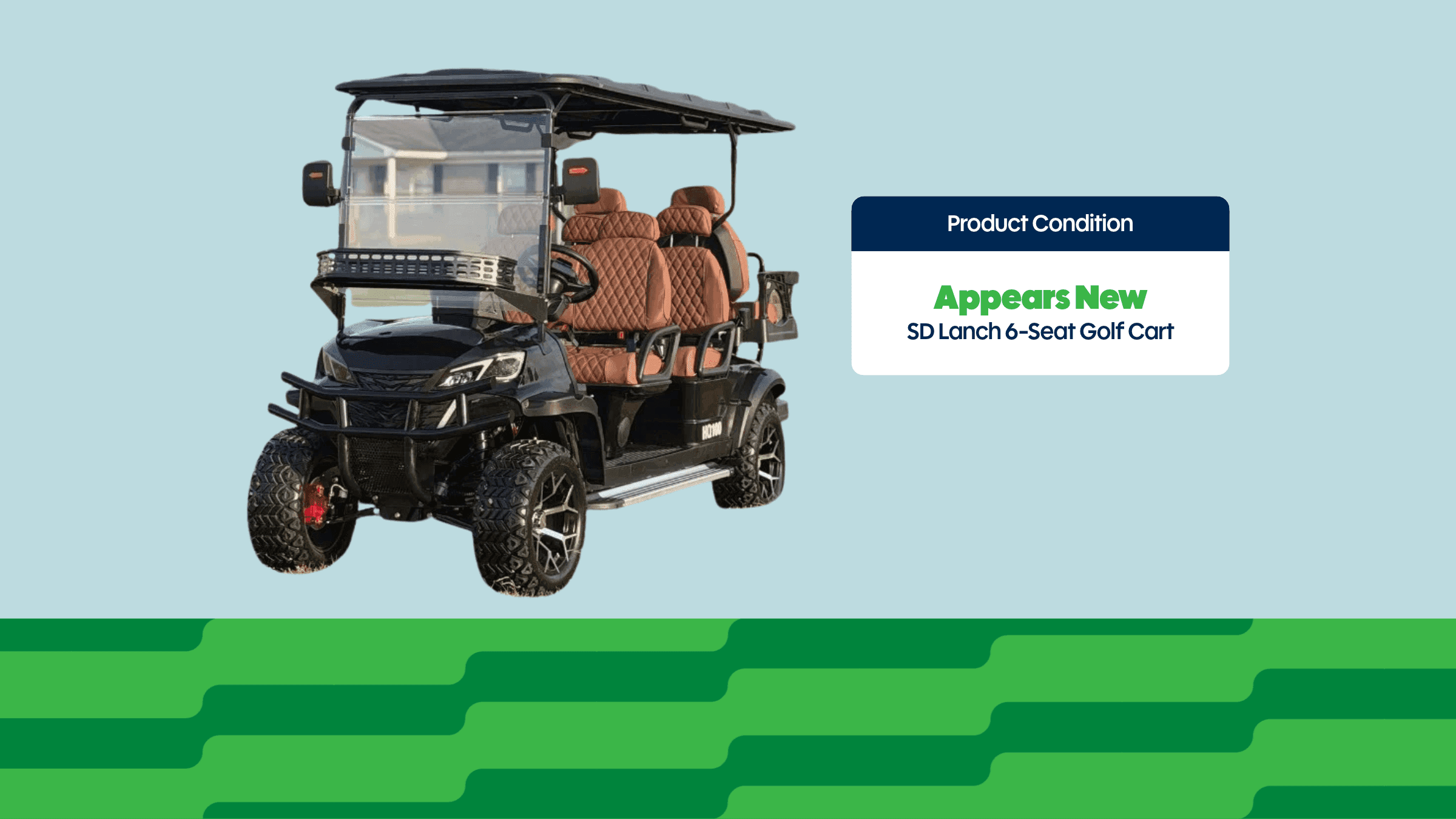 Sleek black six-seater golf cart with brown seats, appearing new, on a light blue background.